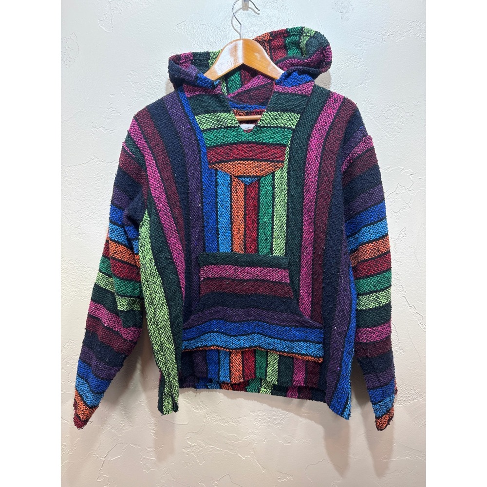 Earth Ragz Baja Hoodie Rainbow Striped Mexican Poncho Pullover Mens Medium